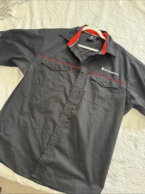 Black Short-Sleeve Button-Down Shirt with Red Trim -
